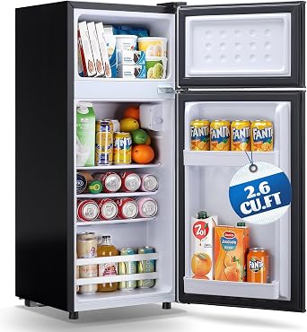 DEMULLER Mini Fridge with Freezer Ample Capacity 2.6 CU.FT Small Refrigerator with Top Freezer & 7 Adjustable Temperature 2 Door Small Fridge for Office, Dorm, Bedroom Black
