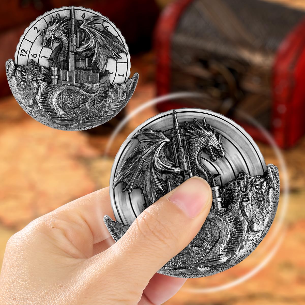 7-in-1 Dragon and Castle Fingertip Gyro, DND Wheel Dice Spiner, DND Starter Set, 7-in-1 Metal Dice Set - Image 3