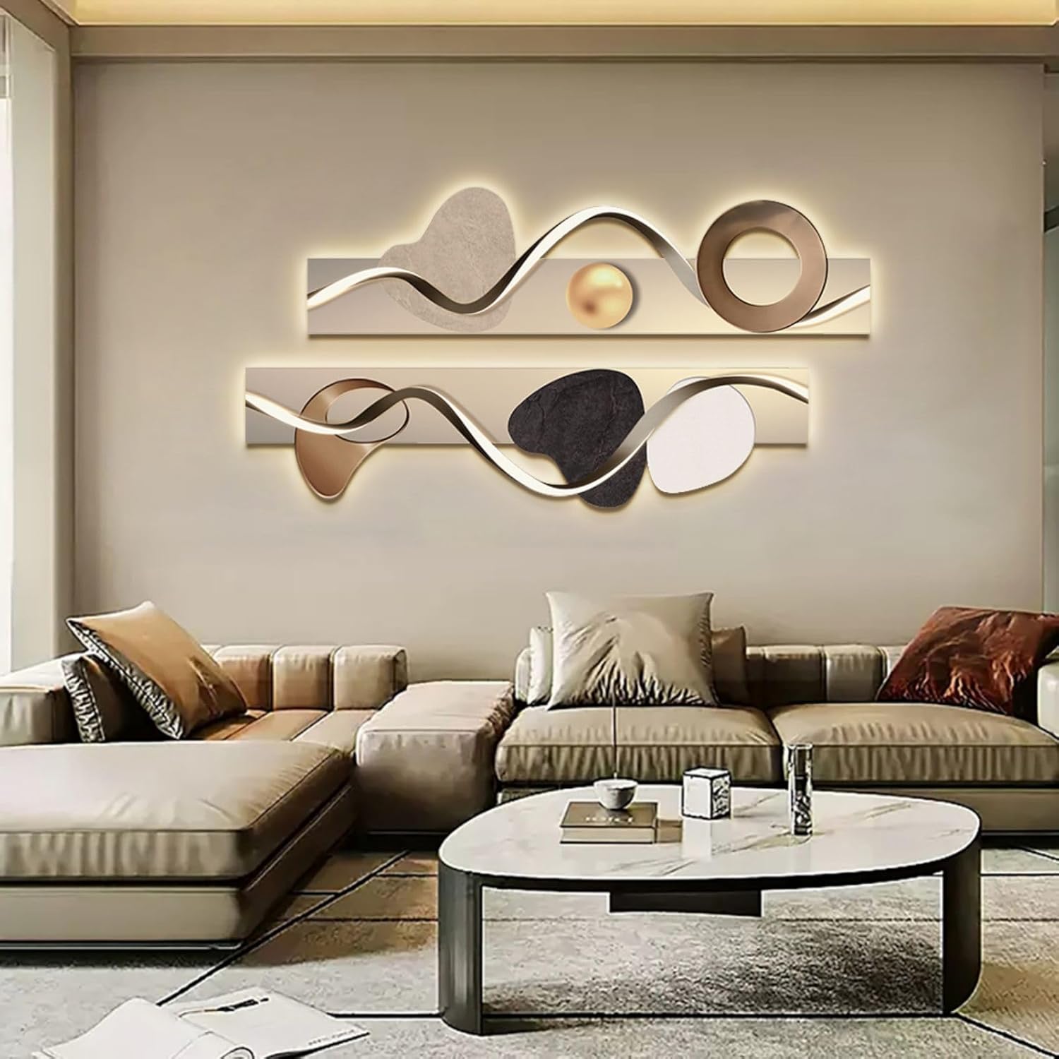 homary LED Wall Art, Modern Abstract Geometric Dual-Panel Sculpture with Backlit Light, Contemporary Decorative Wall Decor for Living Room, Bedroom, Office (USB Powered)