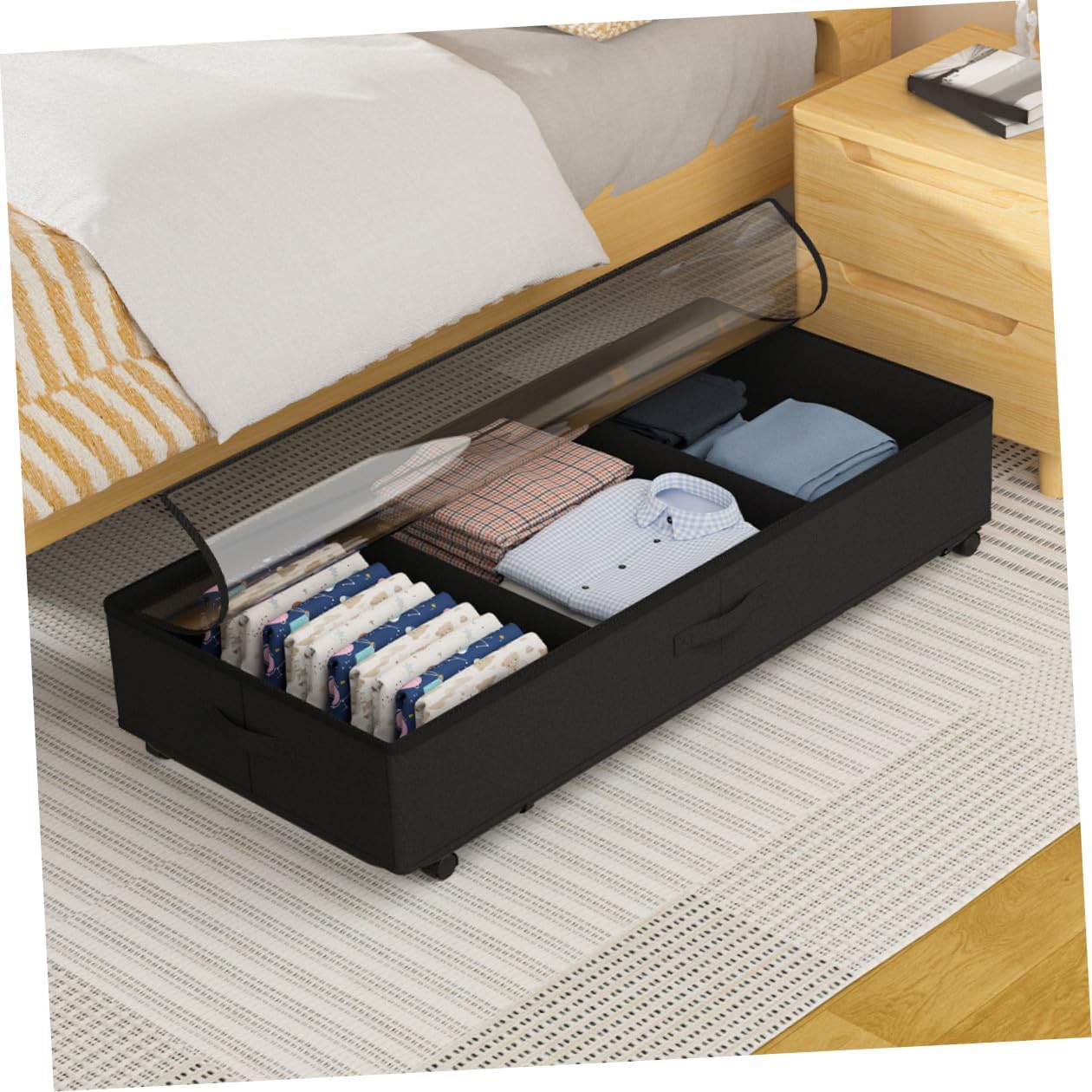 Bed Storage Organizer Bin with Wheels, 3-grid Oxford Fabric Clothes Storage Box, Large Capacity Dustproof Quilts and Organizer for Bedroom