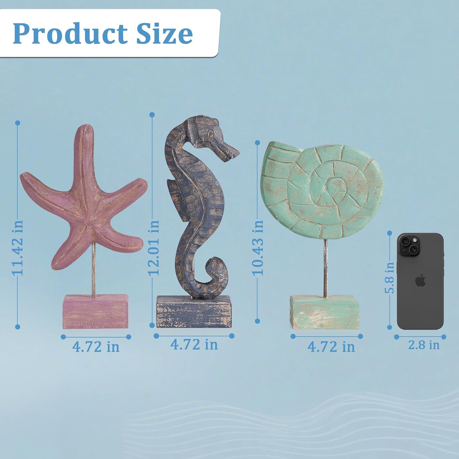 3pcs Wood Handmade Beach Nautical Style Figurines Starfish/Conch/Seahorse Statue Home Decor (Multicolor)