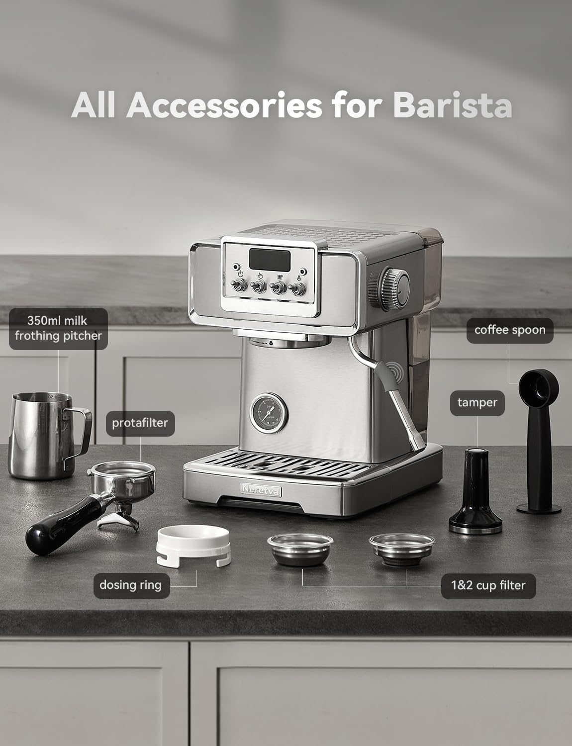 Neretva Espresso Machine, 58mm Professional Espresso Coffee Machine 15 Bar Retro Espresso Maker with Powerful Milk Frother & Visible Pressure Gauge for Home Barista Latte and Cappuccino Maker-Silver