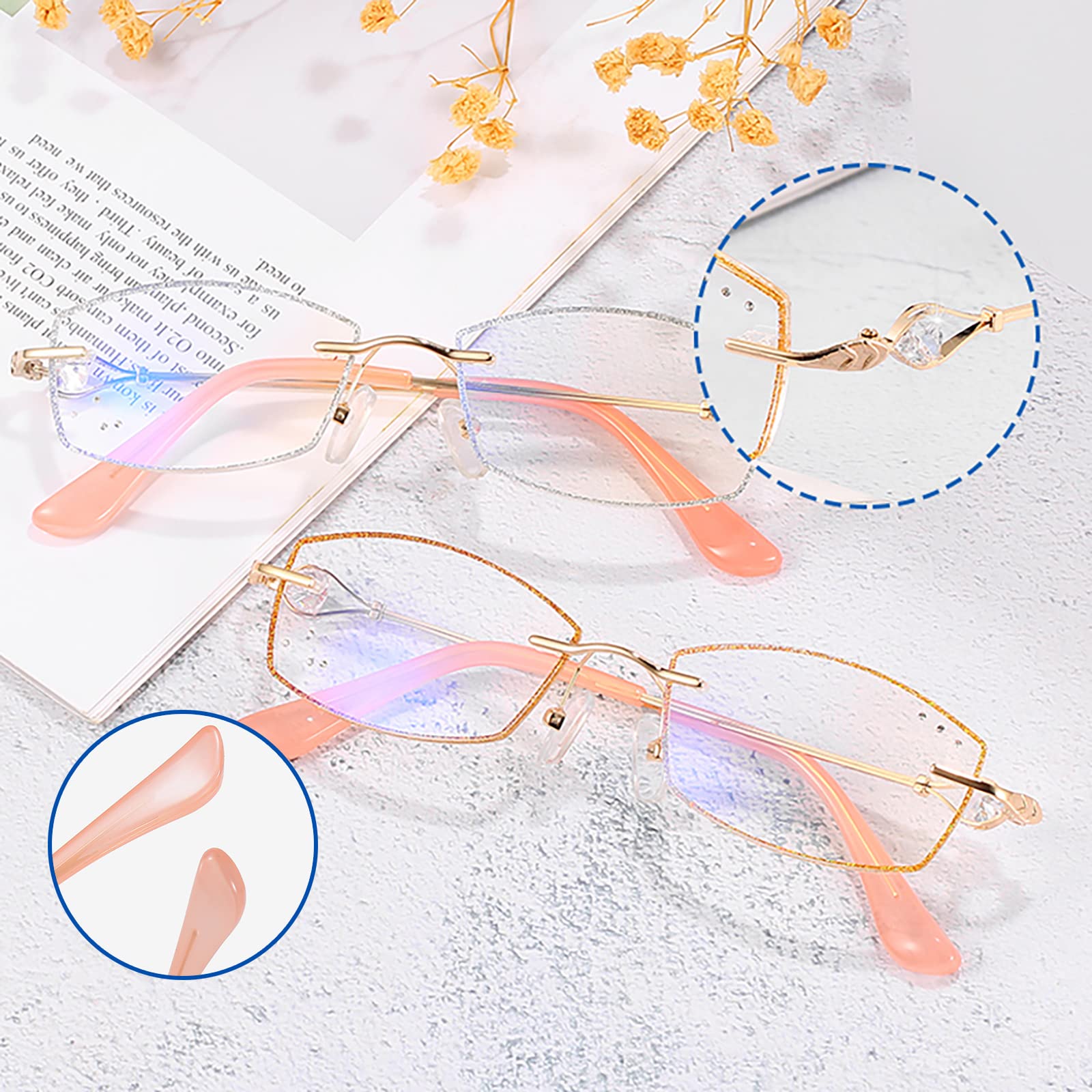 Blaulichtblockierende Lesebrille, Ultraleichte, Rahmenlose Anti-Ermüdungs-Lesebrille Für Damen, Ideal Zum Lesen Arbeiten Einkaufen(Size:+1.50,Color:Silber)