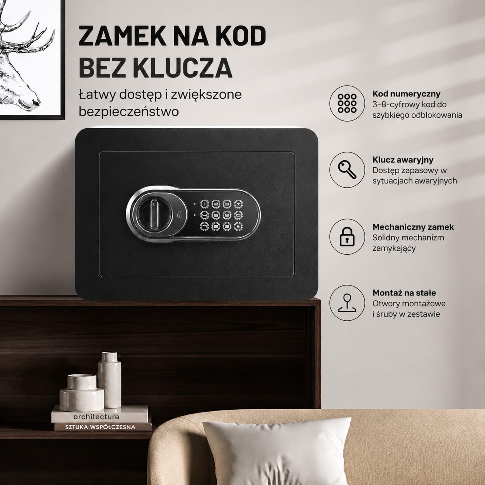 Sejf meblowy z hasłem i kluczem, wyjmowana półka, czarna stalowa obudowa do domu i biura