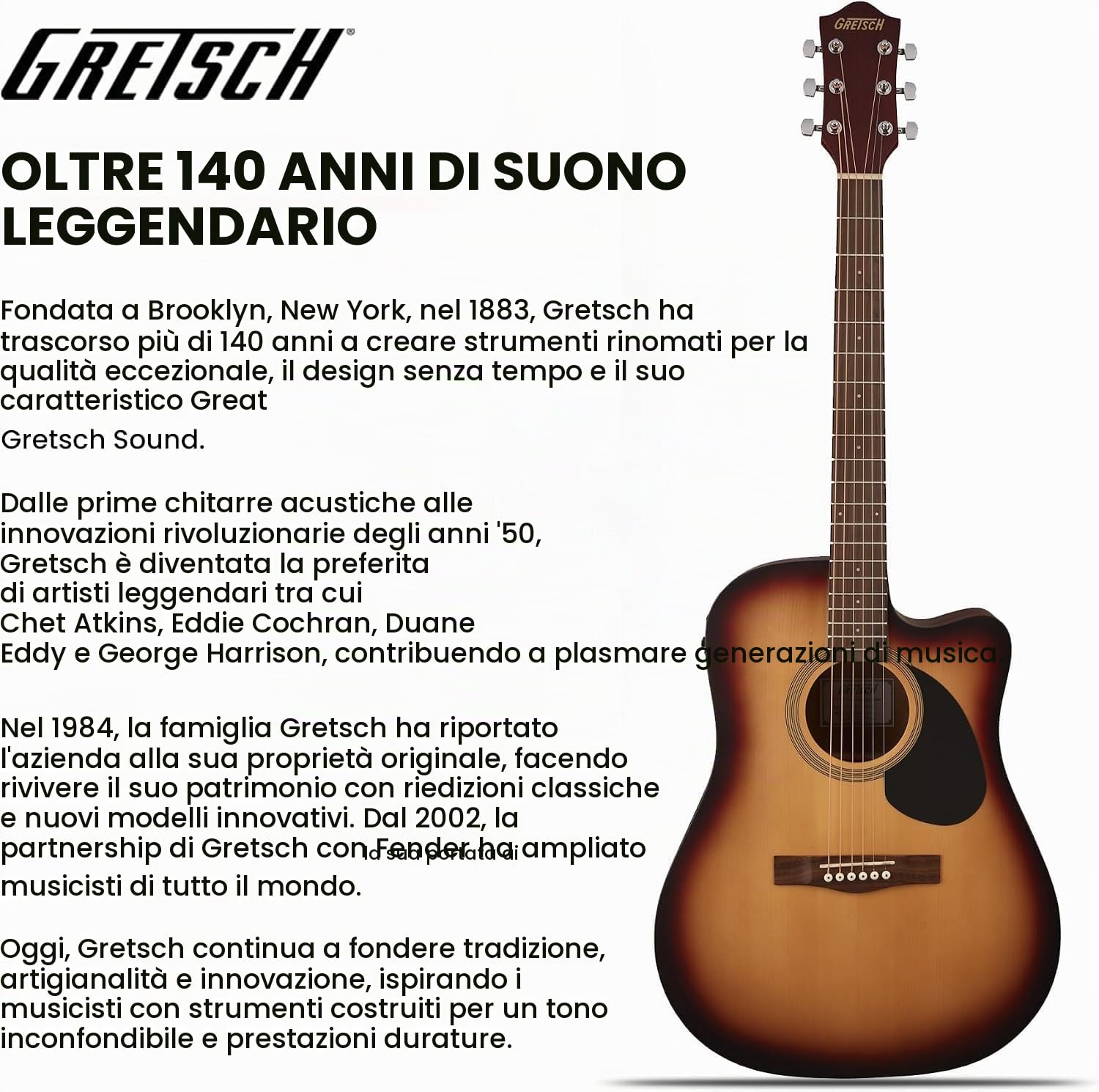 Gretsch Prelude™ D100CE Dreadnought Elettroacustico, Sunburst. Chitarra ideale per principianti