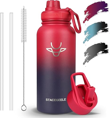 Miniatura 1 de STACEGEELE Botella de agua aislada de 32 onzas con pajilla, botella de agua de acero inoxidable 188 con 2 tapas, botella de agua de metal, termo