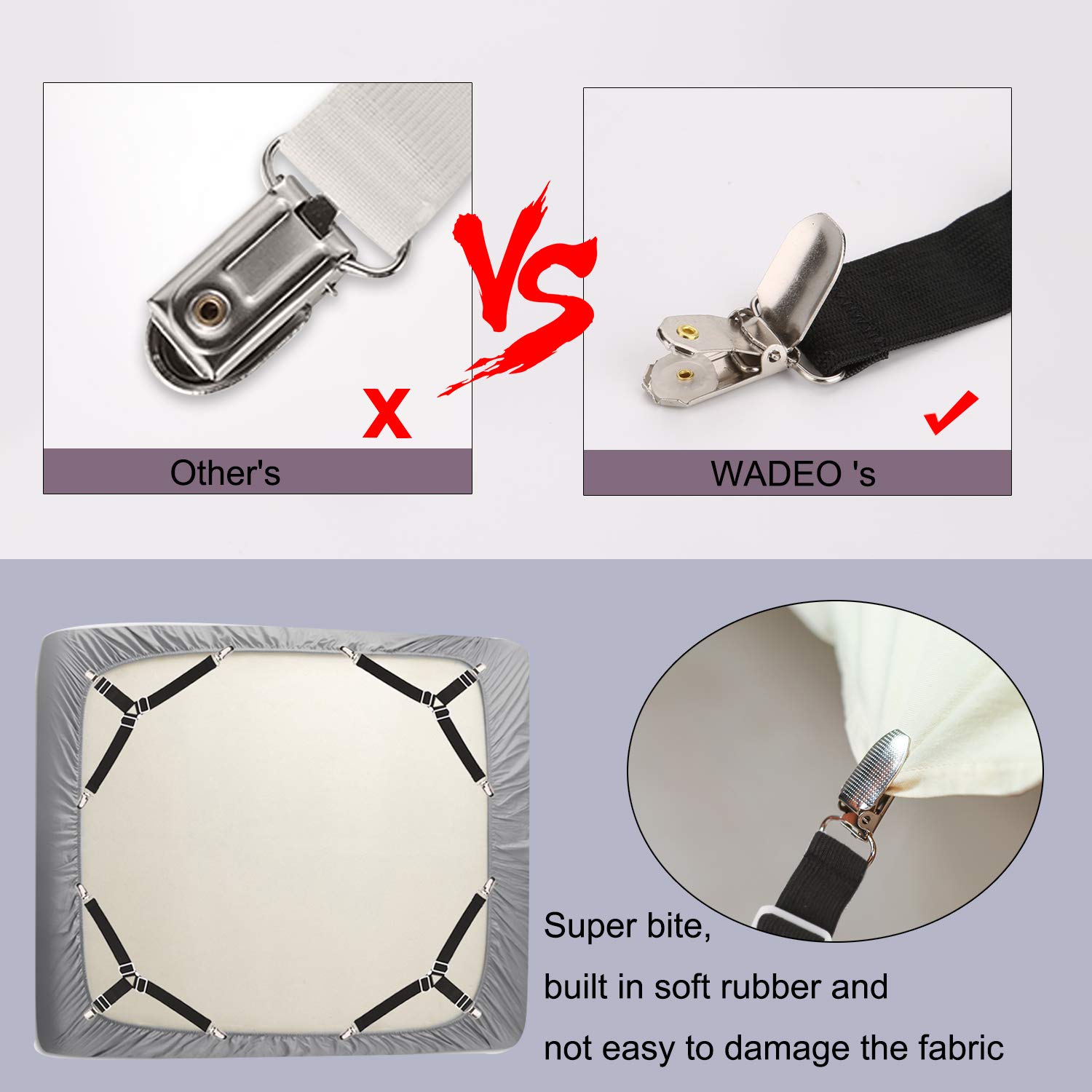 WADEO Clip Forti 8 Pezzi per Lenzuola, Blocca Lenzuola Angoli con Bretelle Regolabili, Fermalenzuolo Matrimoniale, Ganci per Lenzuola con Angoli, Adatto Tutti i Materassi (Nero - 8 Pezzi)