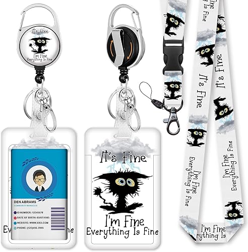 Soporte para tarjetas de identificación con cordón separable, carrete de insignia de gato negro, retráctil, resistente y desmontable, clips de