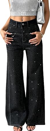 Womens Rhinestone Beaded Jeans Wide Leg Pants Sparkly Shiny Sequin Party Night Club Denim Trouser