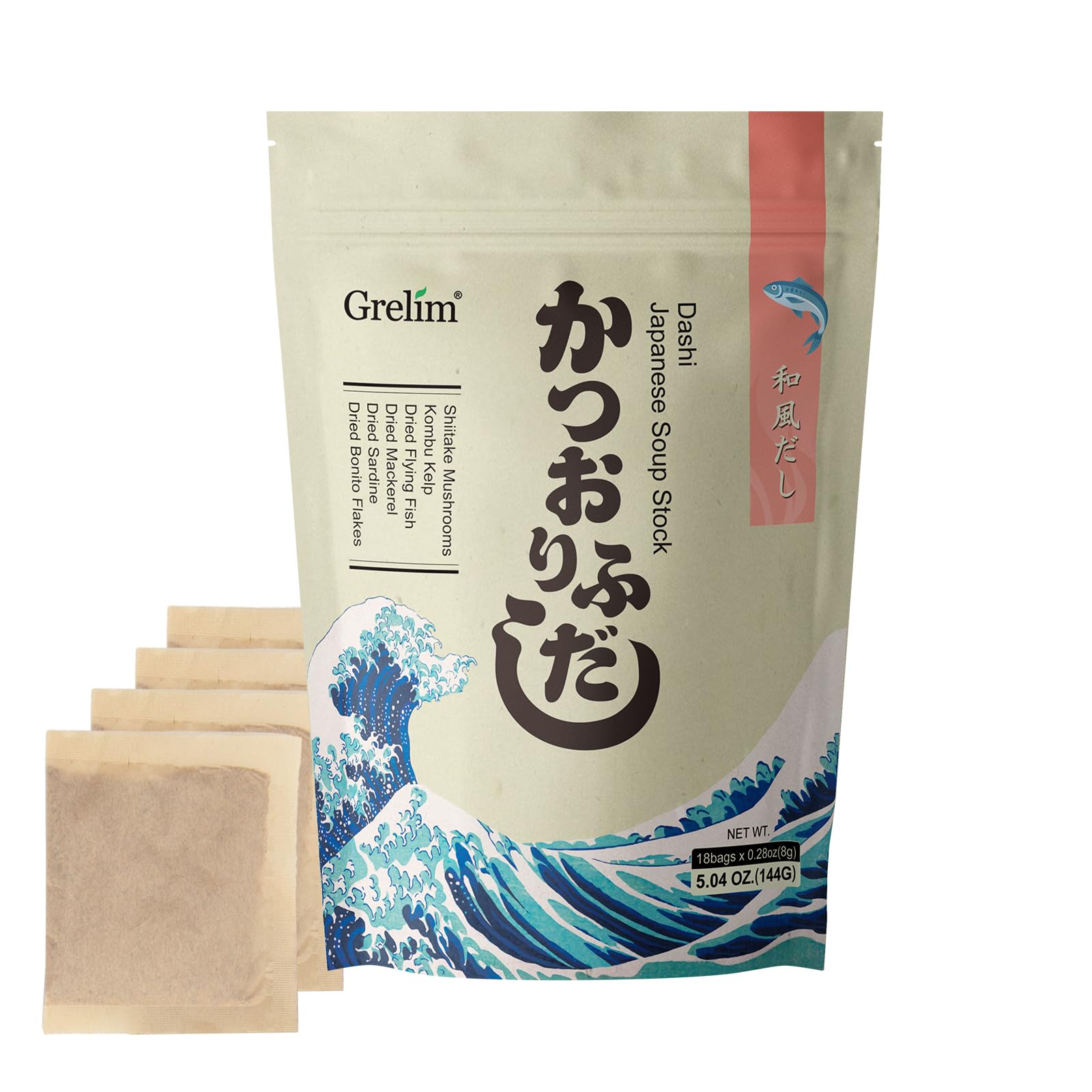 Grelim Dashi Stock Japan Dashi Soup 18 Packets, Natural Domestic Ingredients, Additive Free, MSG Free, Made in Japan Extremely Tasty 8g x 18 Pacs 5.04 OzGrelim Dashi Stock Japan Dashi Soup 18 Packets, Na…