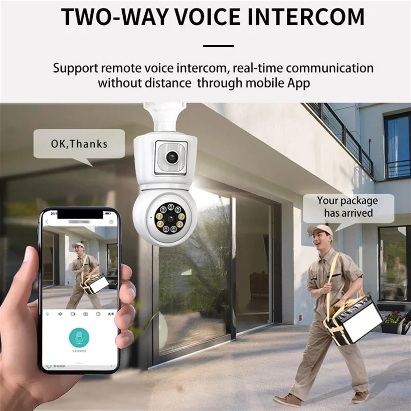 Telecamera Wifi Esterno, Telecamera 4K 8MP E27 Lampadina Doppia lente Doppio schermo Monitoraggio automatico Audio bidirezionale Visione notturna a colori Telecamera di sicurezza esterna ,Sicurezza, A