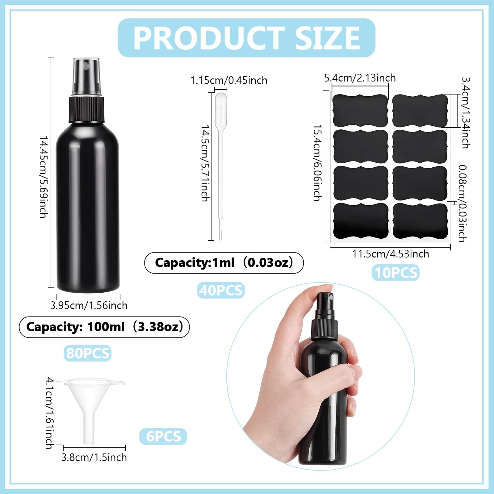 80 flacon Pulvérisateur Noir Vide Flacon Pulvérisateur Vide en Plastique de 100 ml Vaporisateur Portable Rechargeable avec Bouchon Flacon de Voyage pour Parfums Produits de Beauté