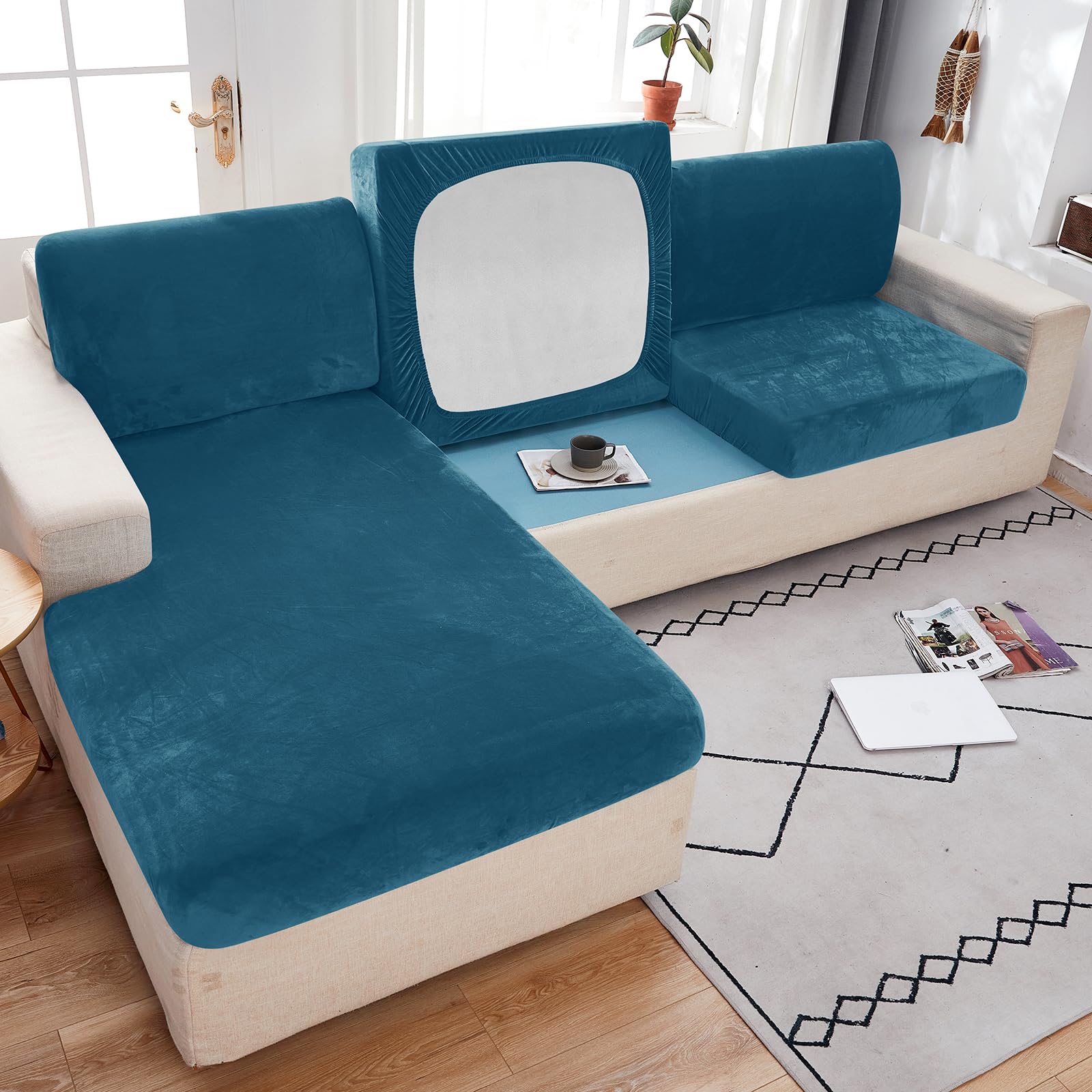 Sofa Seat Cushion Cover Stretch Velvet Sofa Slipcovers 1 2 3 4 Seater Corner L U Shaped Sofa Back Cushion Covers Replacement For Individual Cushion(Chaise Cover: L: 160-190cm- W: 90-110cm,Blue 3)