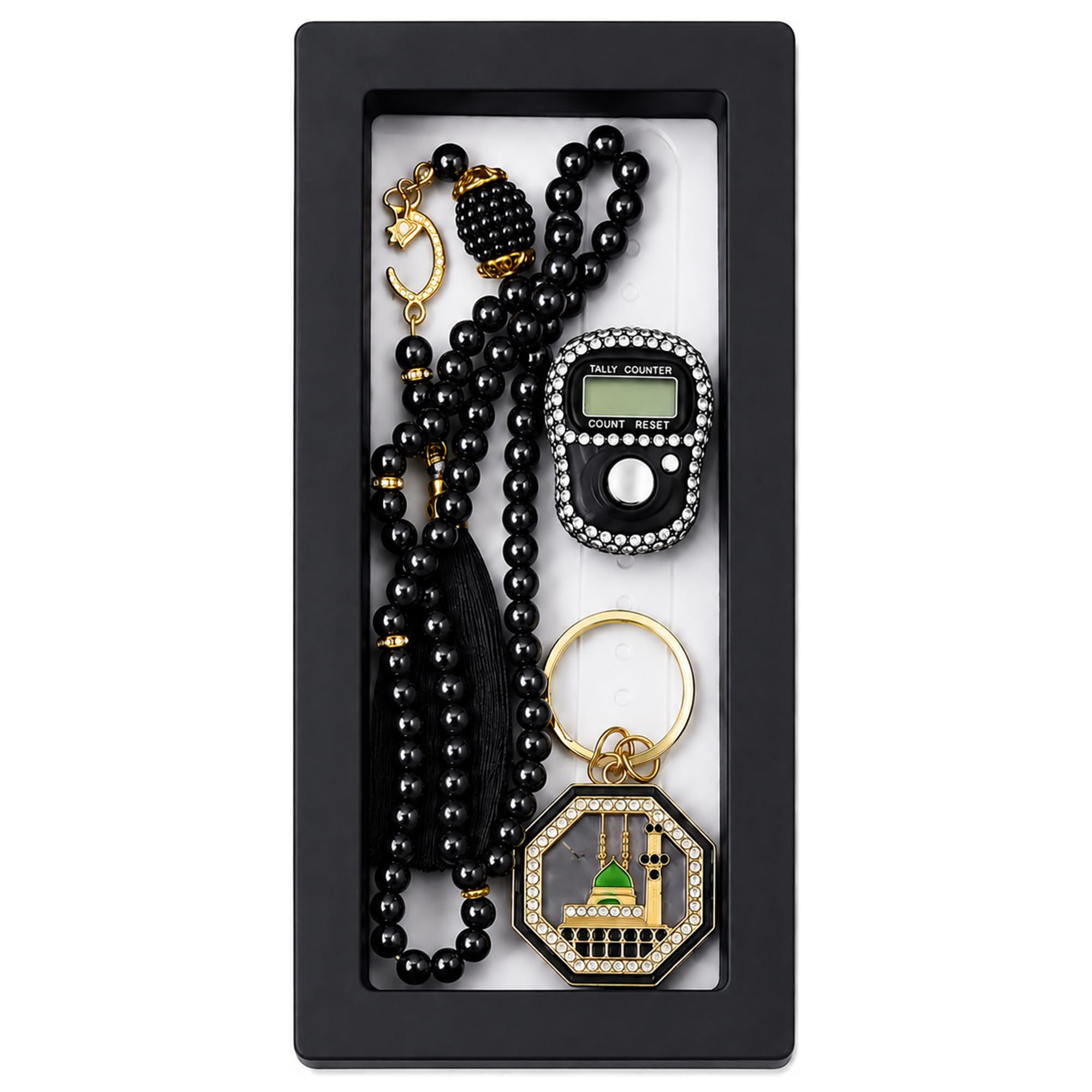BML Black Islamic Prayer Gift Set with Digital Tally Counter Tasbih Prayer Beads Decorative Keyring and Presentation Box for Ramadan, Eid, Hajj, and Umrah