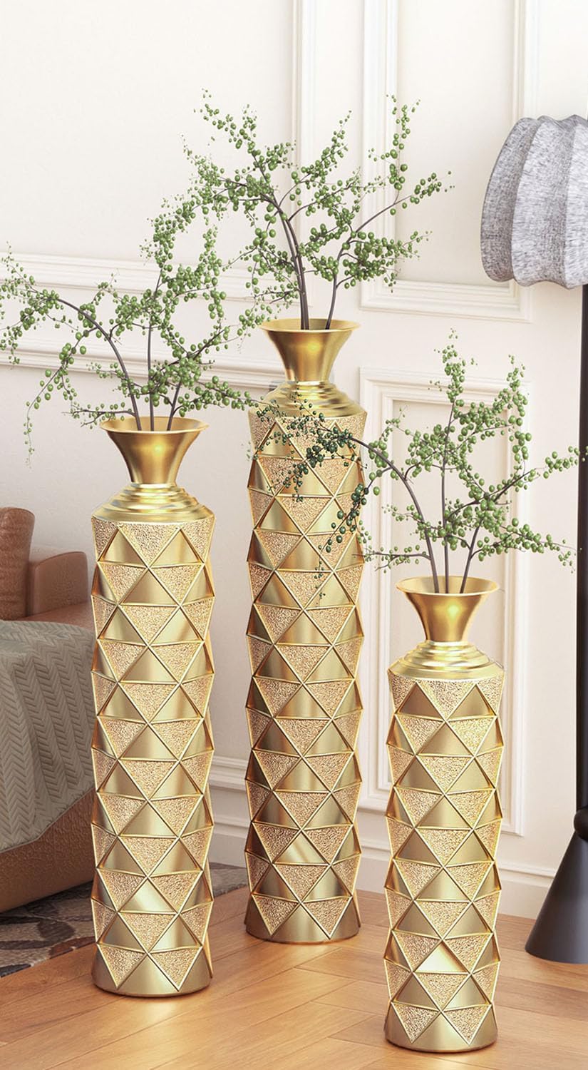 Metal Tall Floor Vases Set of 3, Gold Tall Floor Vases for Decor Living Room with Growing Vine Patterns, Embossed Body Pattern, Geometric Cylinder (Gold 1)