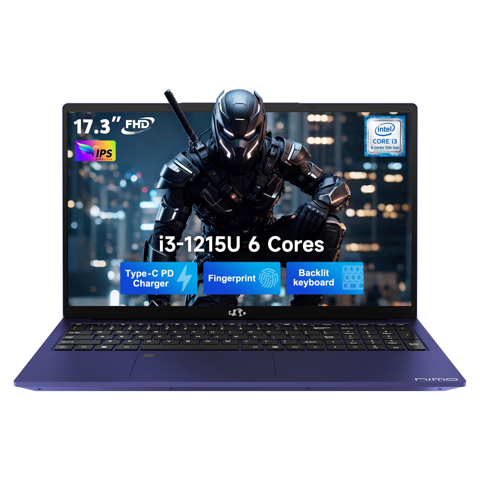NIMO 17.3" IPS FHD-Laptop, Intel 6 Core I3-1215U 8GB RAM 256GB SSD (Beat R5 7520U, Up to 4.4GHz) Student Computer with 65W Type C Backlit Keyboard Fingerprint Wi-Fi 6, for Home and Business
