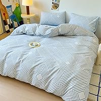 Vista 3 de LIWHENHAO - Juego de funda de edredón geométrica tamaño Individual, 100% algodón, azul con rayas de cadenas, a cuadros sobre blanco, 1 funda