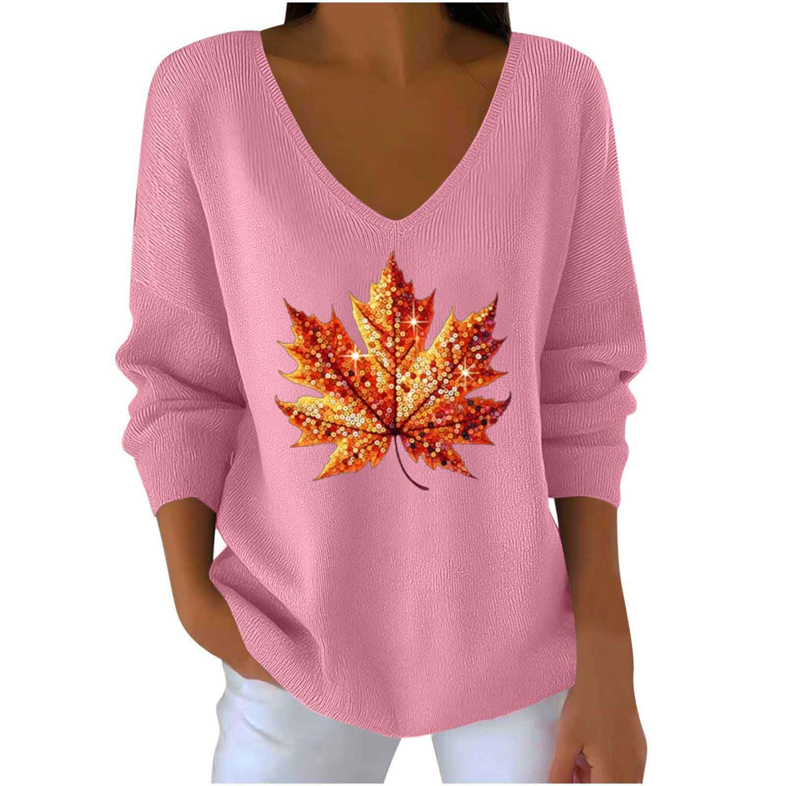 Womens Maple Leaf Ptinted Sweaters Loose V Neck Long Sleeve Trendy Casual Pullover Knitted Tunic Tops