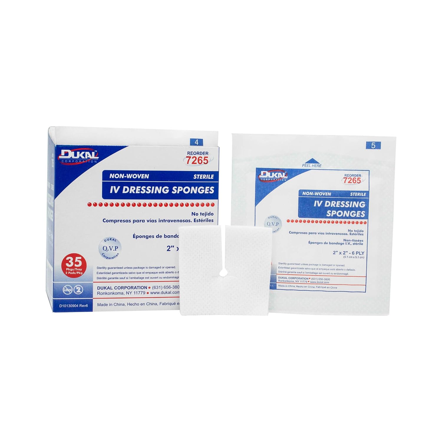 Dukal 7265 Sponge, 6-Ply, Sterile, 2" x 2", Pack of 1400