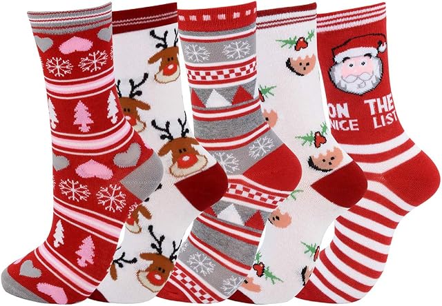 ZOYLINK 5 Pairs Christmas Socks,Santa Socks Cotton Snowflake Socks Casual Novelty Socks Colorful Fun Crew Socks Xmas Socks for Women Girls