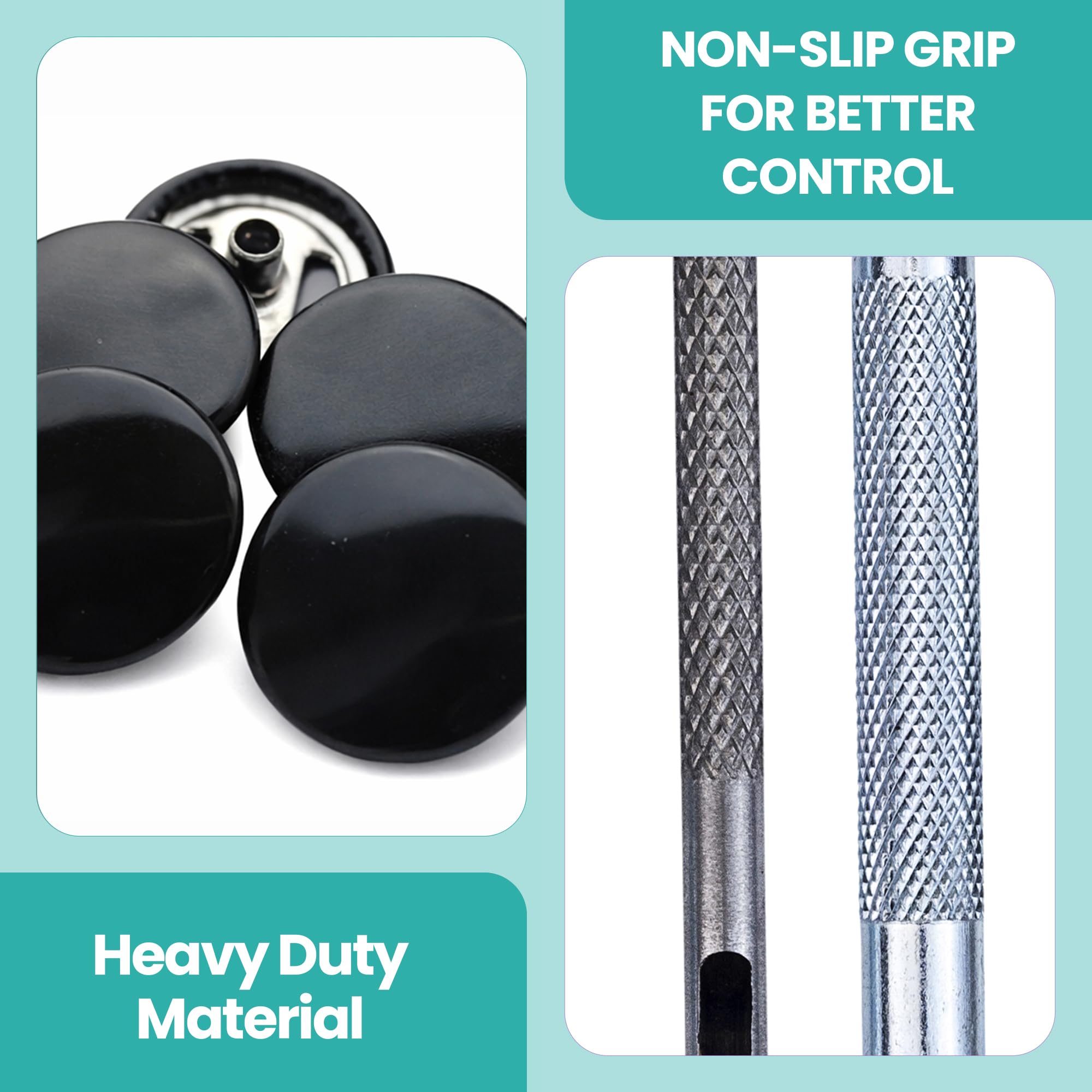 Botones de presión negros brillantes de 15 mm, 4 partes, duraderos y ligeros, cierres de metal con herramienta de fijación a mano para jeans, cuero, proyectos de costura de correas, , 500 piezas
