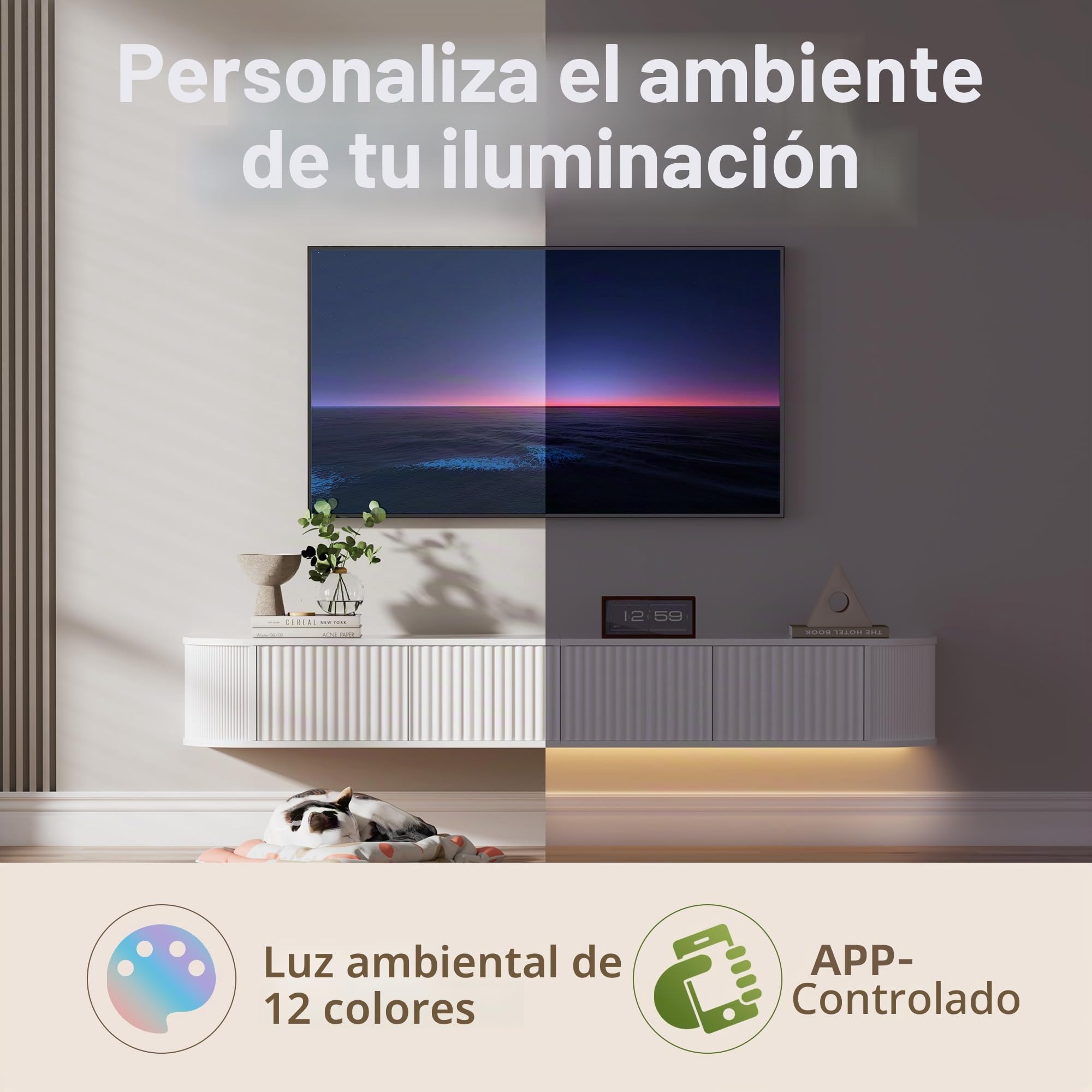 Mueble de TV Flotante con Luz LED - Mueble de TV Montado en Pared de 140CM con Almacenamiento Mejorado y Bordes Redondeados, Consola Multimedia de TV Moderna para Televisores 43-55 Pulgadas