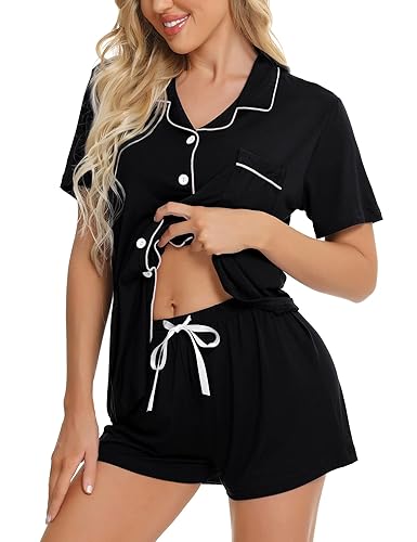 SWOMOG Womens Button Down Pajamas Set Short Sleeve Sleepwear Bride Soft Pj Lounge Sets XS-3XL - Medium - Black