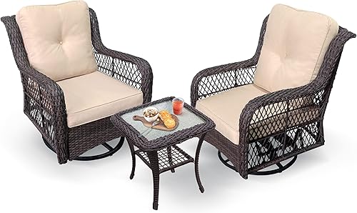Juego de balancines giratorios de 3 piezas para exteriores, juego de bistró de mimbre para patio con mecedora, cojines y mesa auxiliar (caqui)