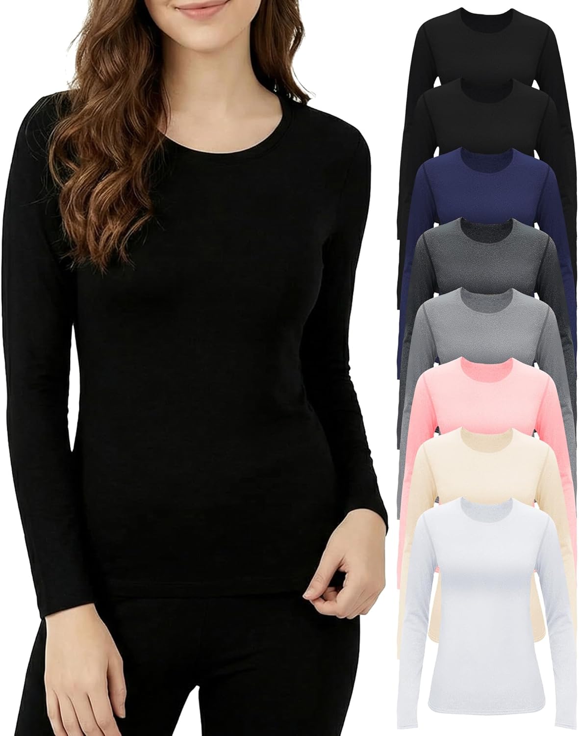 Jecery 8 Pcs Thermal Long Sleeve Shirts Bulk for Women Thermal Top Set Crew Neck Scrub Undershirt Base Layer Winter Underwear