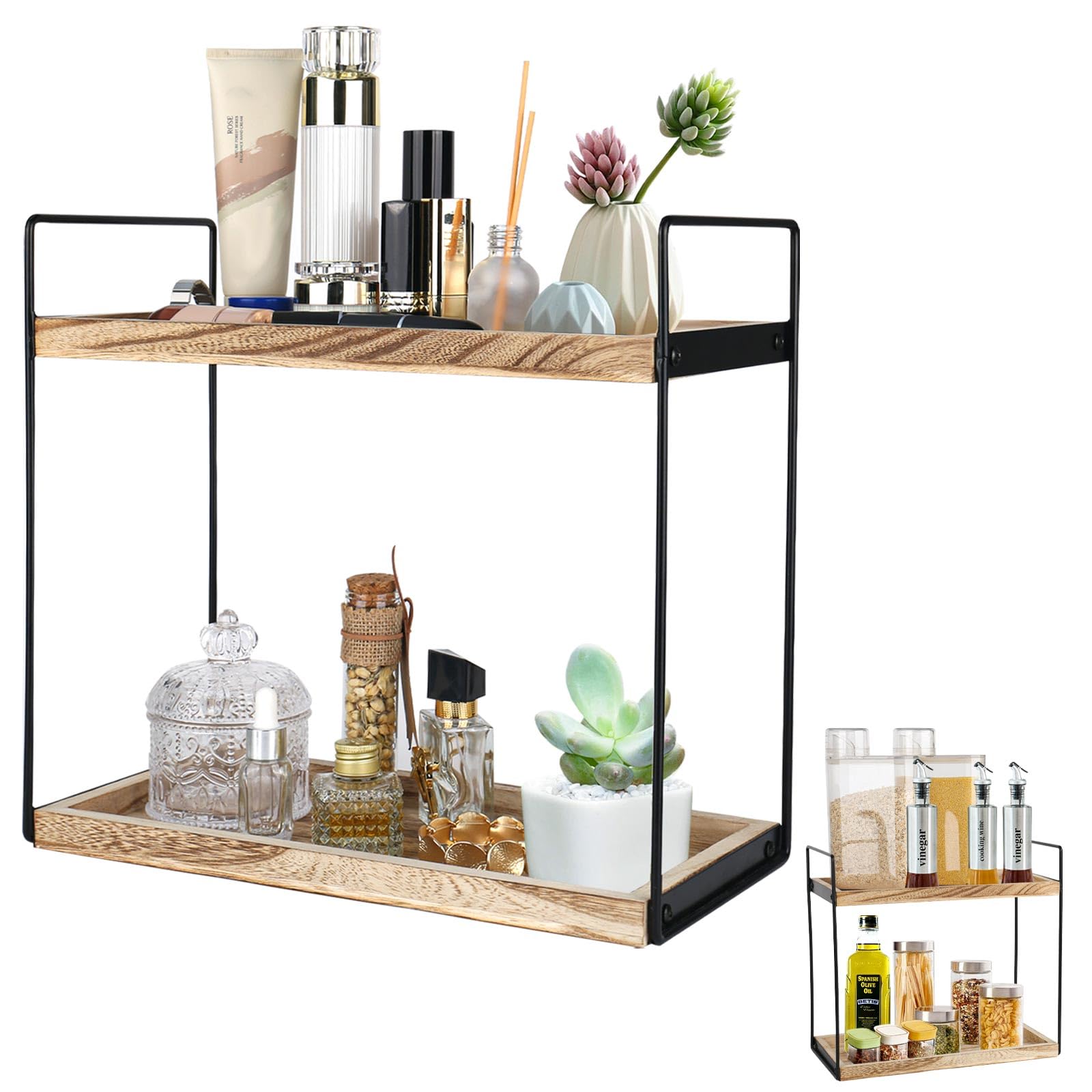 Standregal Badezimmer Organizer,Badregal Ohne Bohren 2 Tier Multifunktionales Gewürzregal Badezimmer Regal Holz Mit Metallgestell, Schreibtisch-Organizer Für Küche, Schminktisch