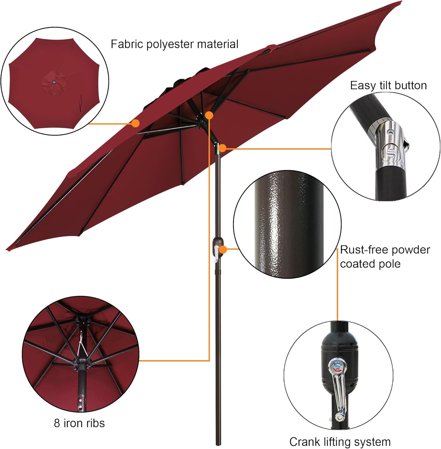 Blissun 9' Outdoor Patio Umbrella, Outdoor Table Umbrella, Yard Umbrella, Market Umbrella with 8 Sturdy Ribs, Push Button Tilt and Crank Burgundy