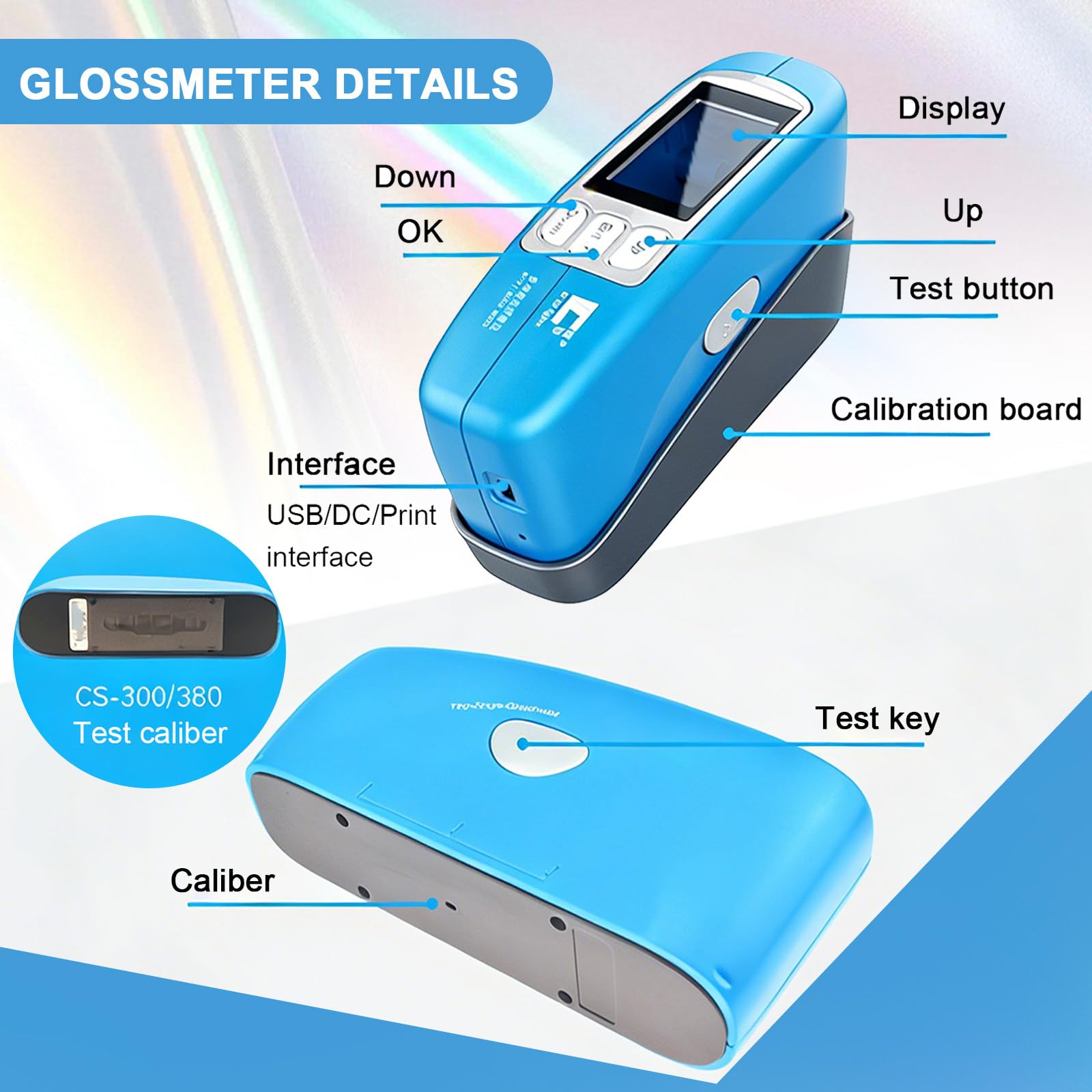 Medidor de brillo de precisión 20º 60º 85º con tablero de calibración para medir piedra, pintura, tinta, mármol, suelos, interfaz USB, 0-600/20000GU
