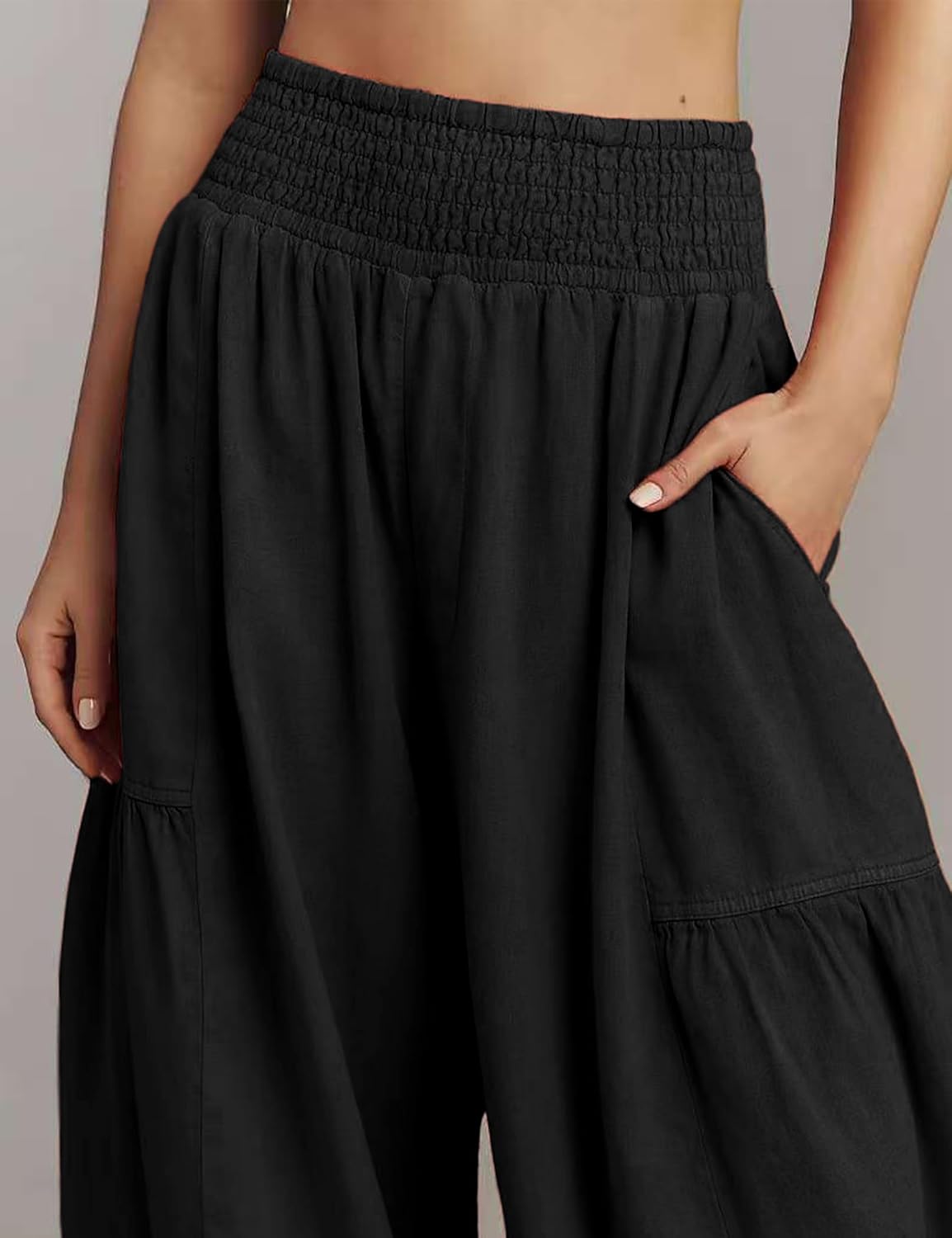 UANEO Womens Baggy Pants Pull On Cotton Linen Smocked Elastic Waist Tapered Relaxed Harem Trousers with Pockets - Image 4