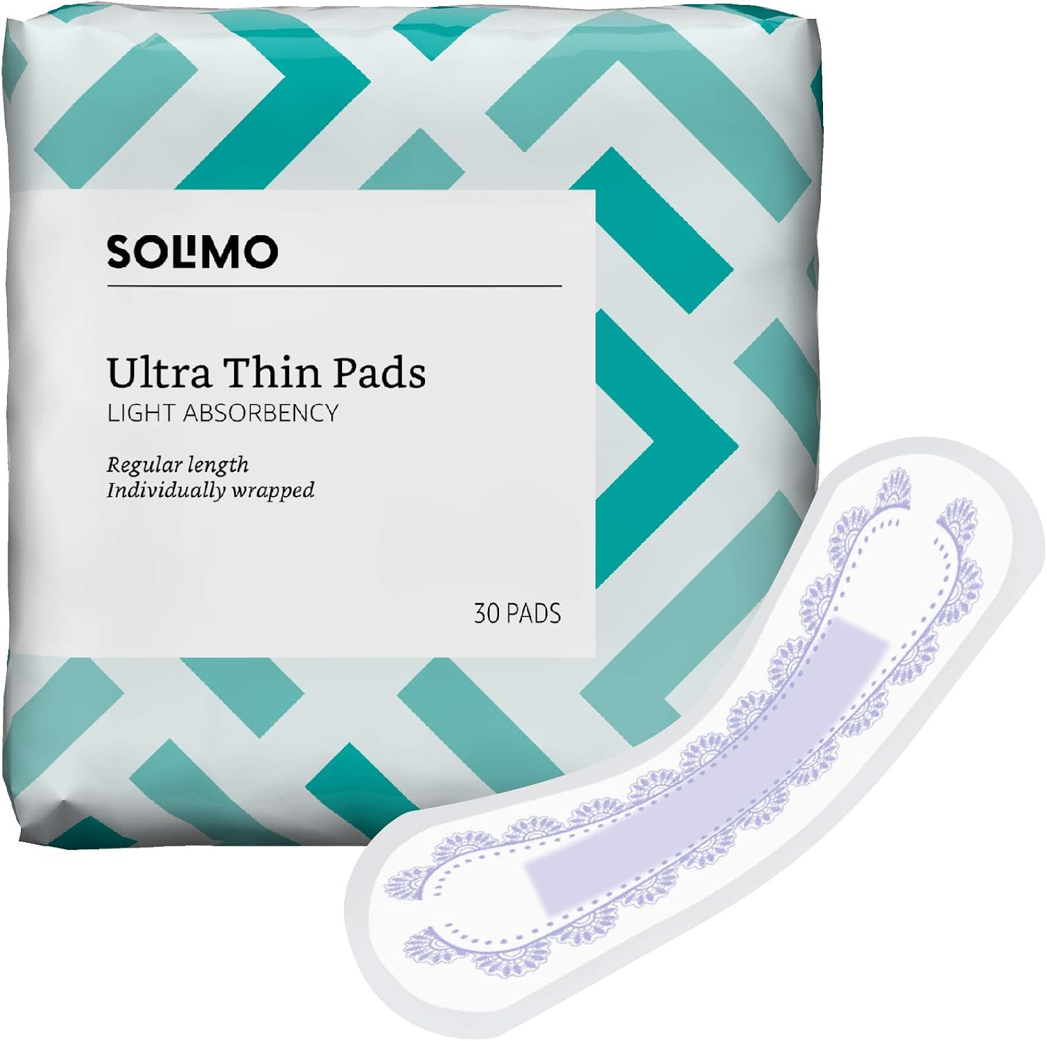 Amazon Brand - Solimo Ultra Thin Incontinence, Bladder Control & Postpartum Pads for Women, Regular Length, Light Absorbency, 30 Count