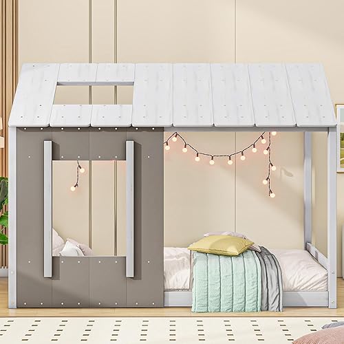 Miniatura 3 de SOFTSEA Cama de plataforma de casa, marco de cama de casa de tamaño individual con techo y ventana, marco de cama de madera tamaño individual para