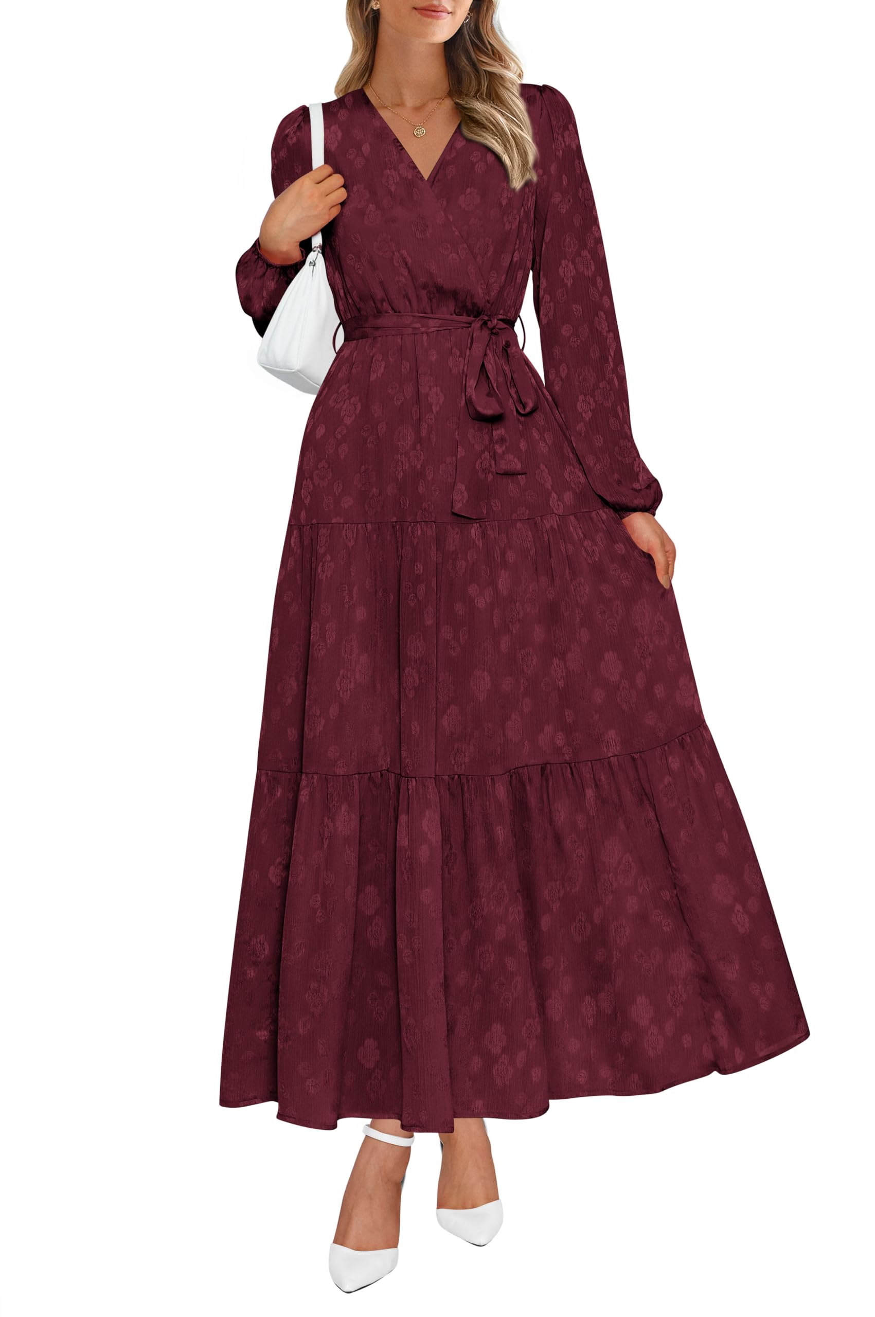PRETTYGARDEN Womens Spring Long Sleeve Wrap V Neck Ruffle Floral Maxi Dress Casual Tie Waist Boho Chiffon Flowy