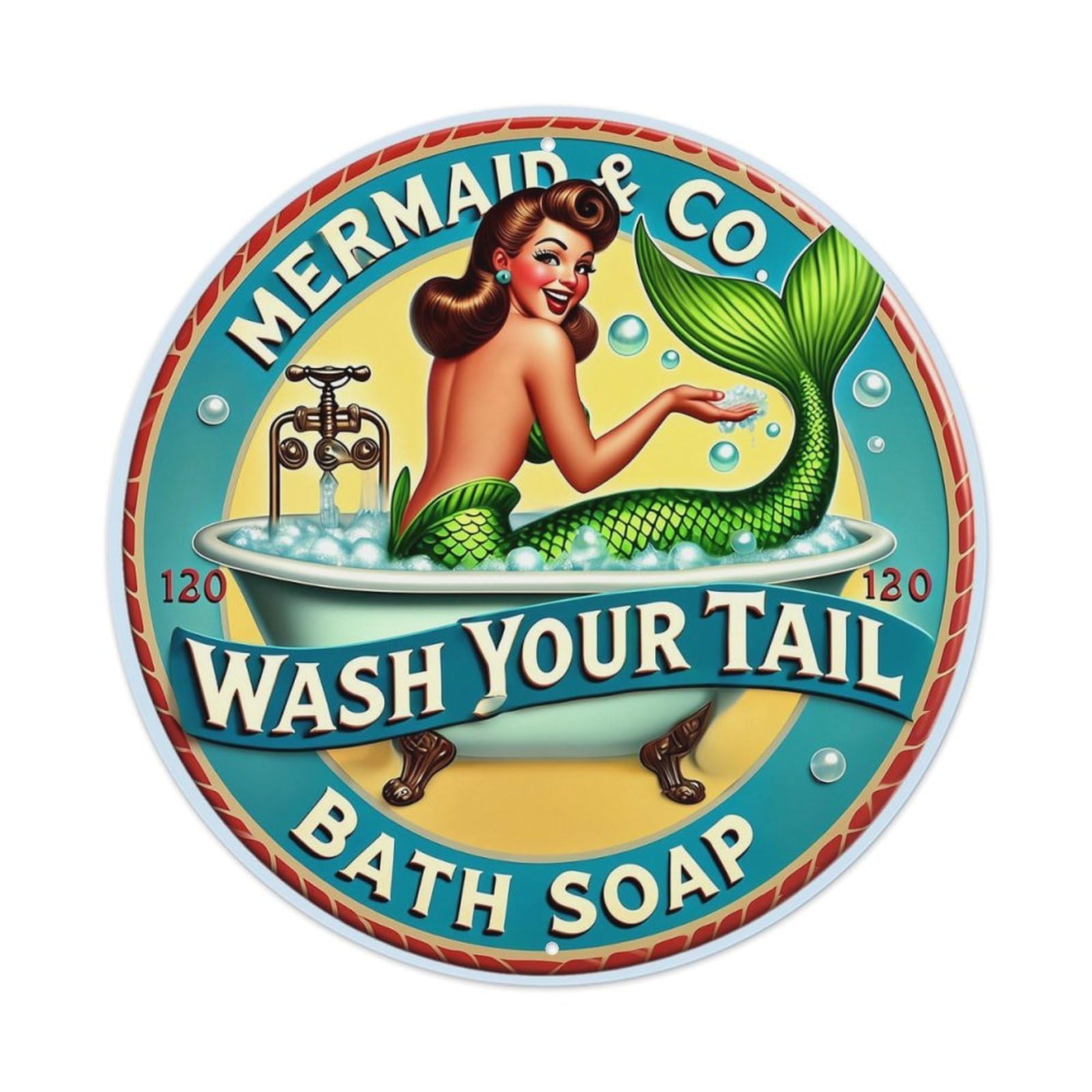 Mermaid In Bathtub With Soap Bubbles Round Metal Tin Sign Vintage Wall Decor, Bar Garage Cafe Kitchen Home Wall Art Poster 8x8inches