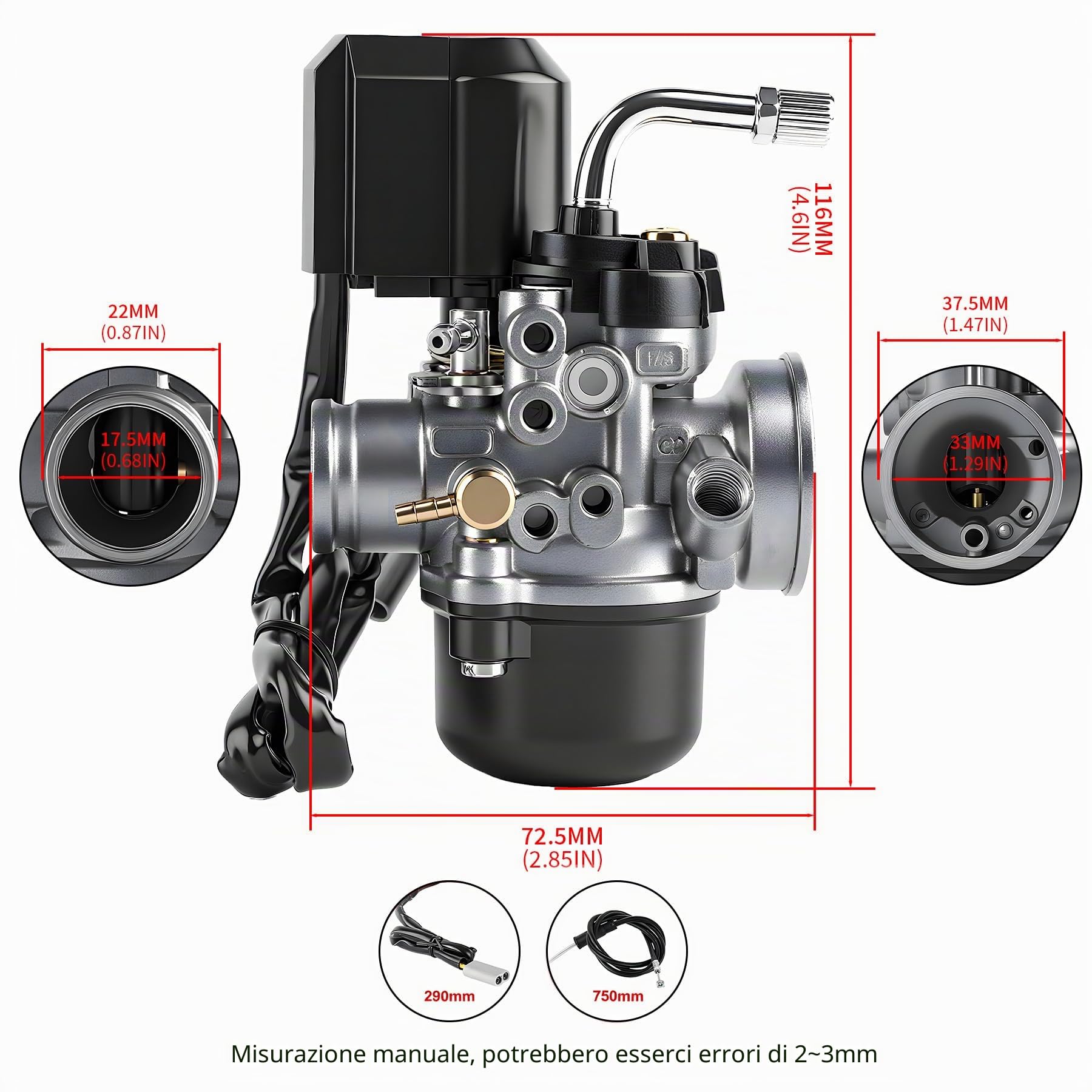 carburatore di ricambio da 17,5 mm, con passaggio da 17,5 mm, per la maggior parte degli scooter da 50 cc