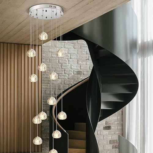 Miniatura 9 de KJLARS Candelabro LED de cristal moderno, lámpara de techo con forma de gota de lluvia, lámpara de bola de cristal de 15.7 pulgadas de ancho x 157