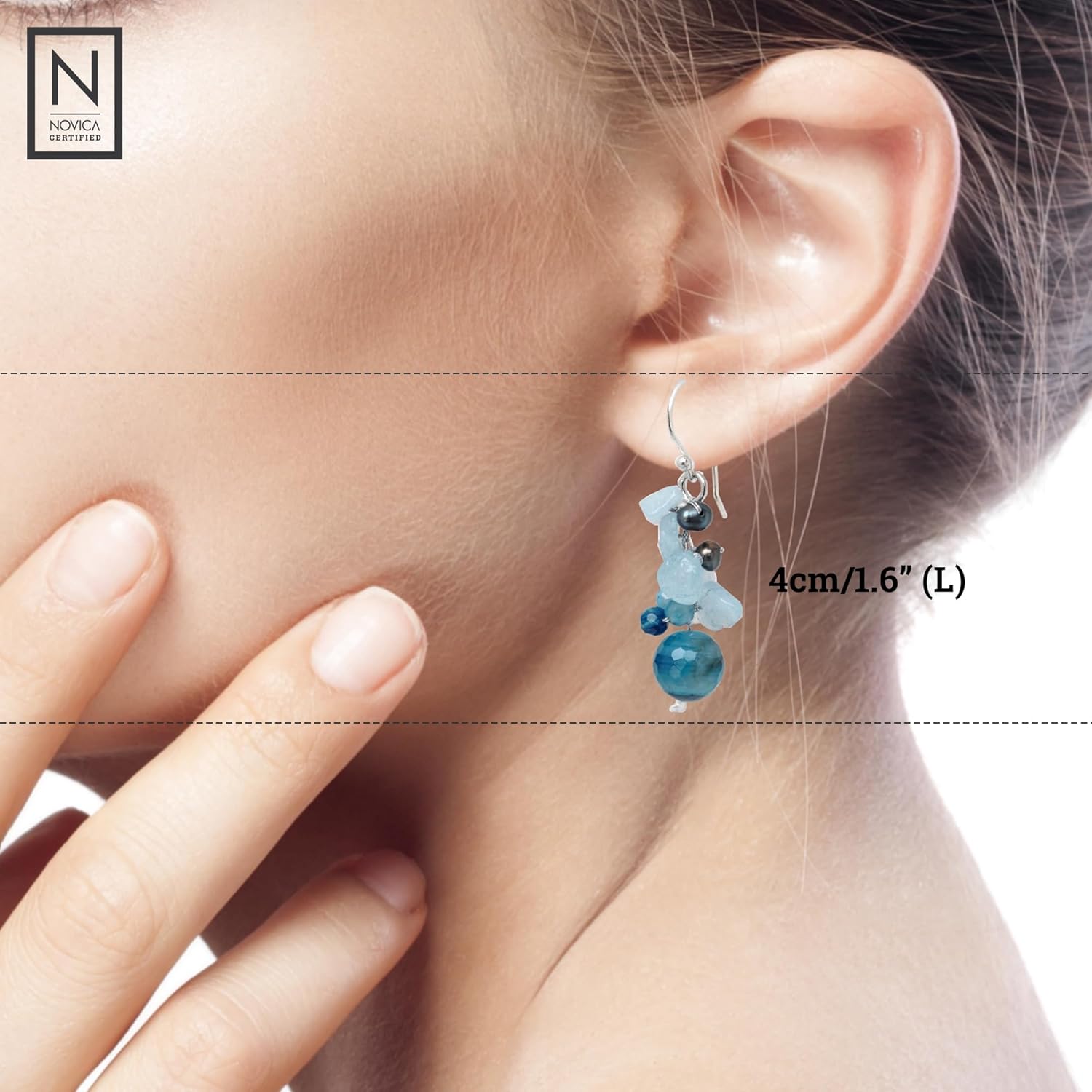 NOVICA Artisan Handmade Cultured Freshwater Pearl Aquamarine Cluster Earrings Unique .925 Sterling Silver Agate Glass Bead White Blue Thailand Scuba Birthstone 'Blue Love'