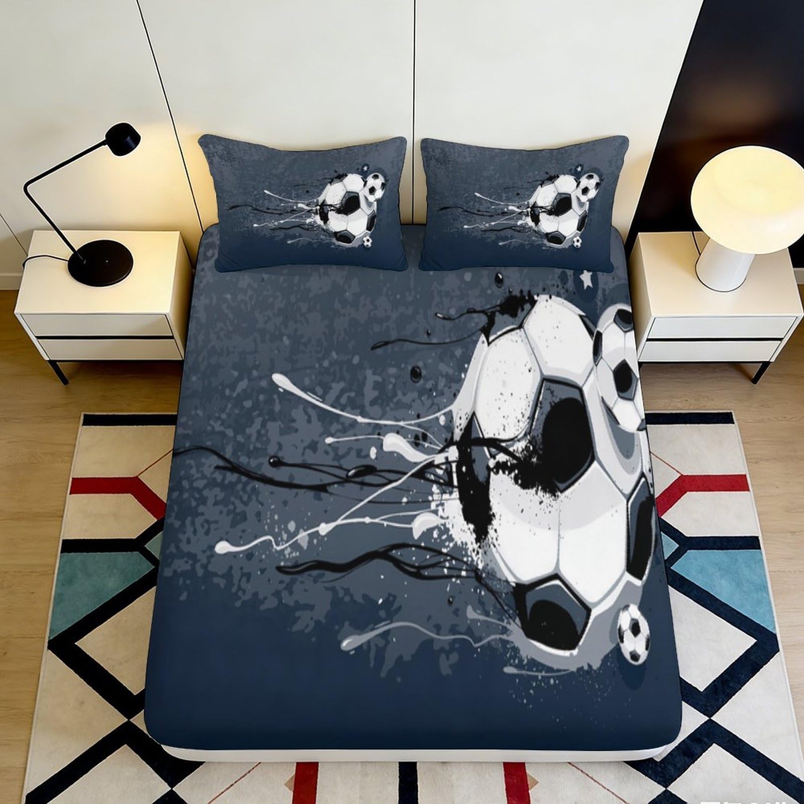 3D Printed Splash Soccer Ball Fitted Sheet Microfiber Dark Blue Bed Cover for Bedroom Guest Dorm Mattress Protection 120x200x25cm