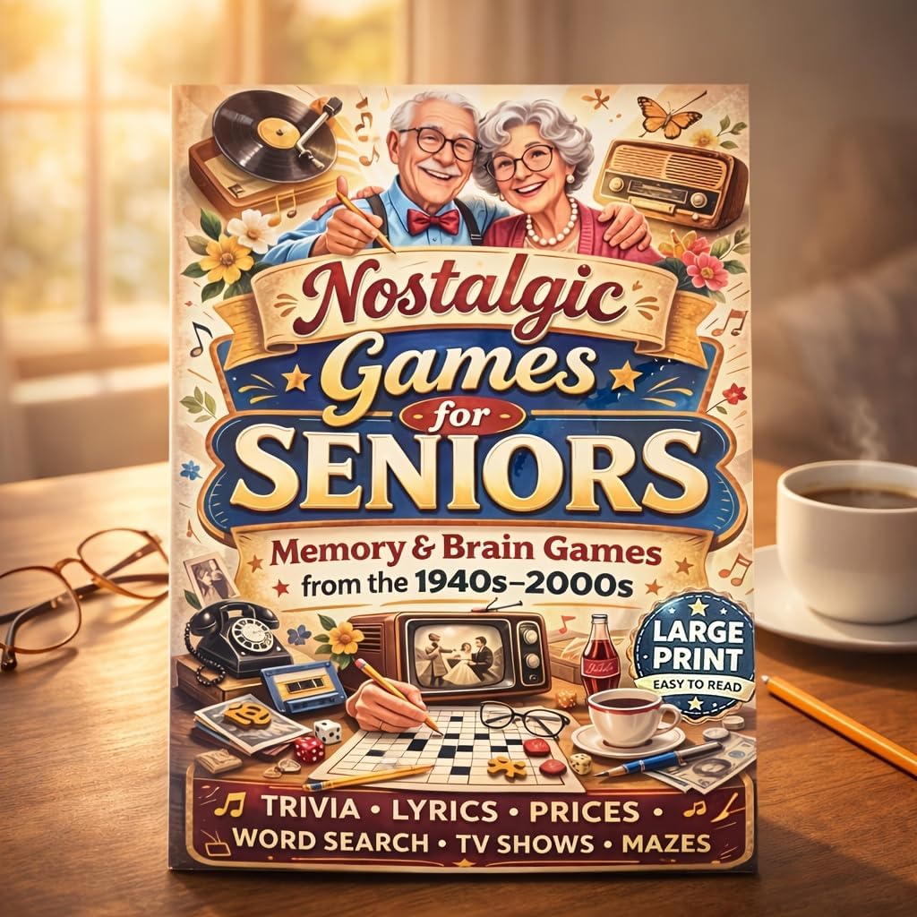 Nostalgic Games Activity Planner for Seniors – Large Print Trivia, Word Search, Mazes & Shadow Matching Log, 31 Pages with Answer Key, Cognitive Stimulation & Memory Training Journal