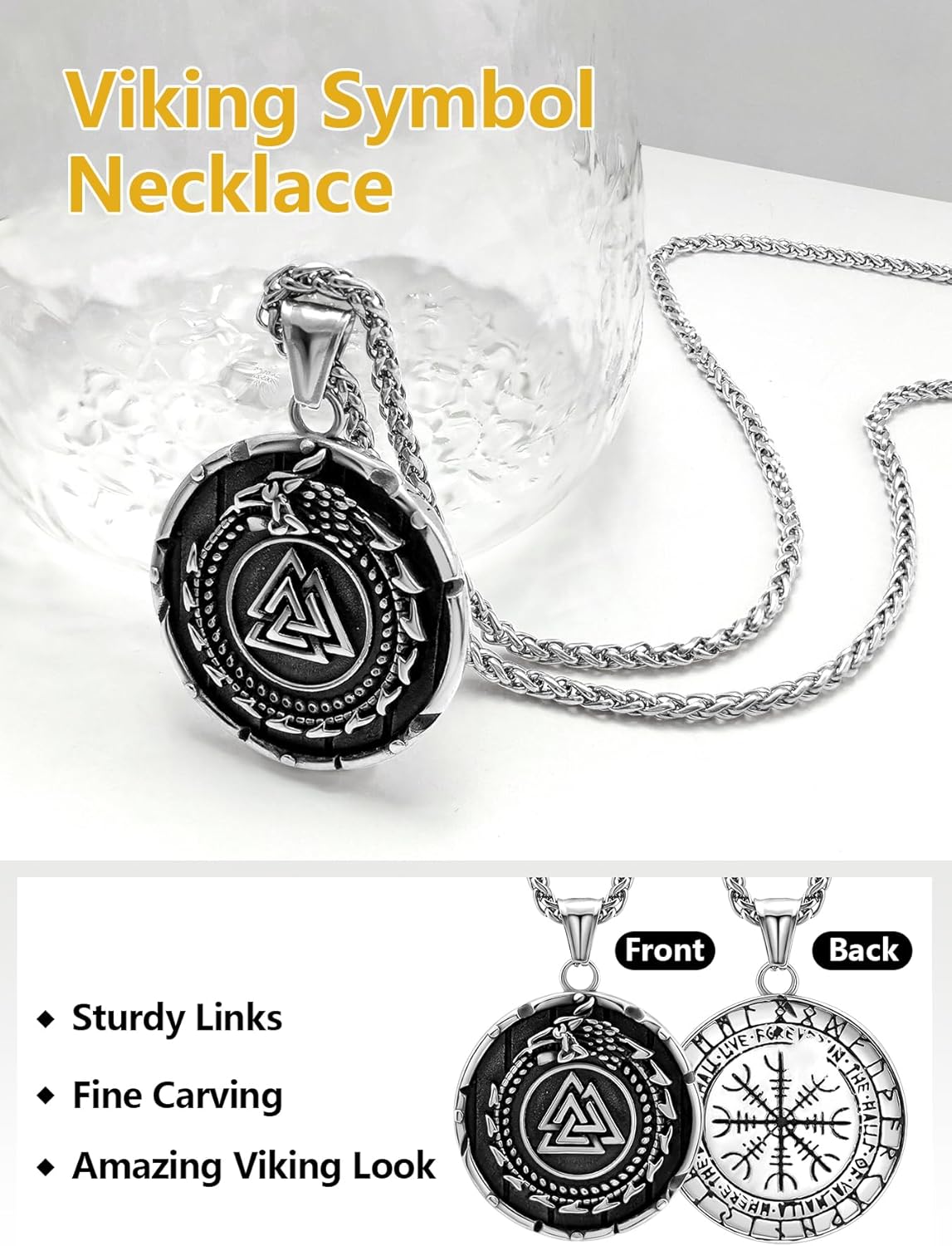 Nordic Viking Mjolnir Runes Necklace for Men, Vintage Dragon Amulet Norse Mythology Valknut Jewelry, with Gift Box - Image 4