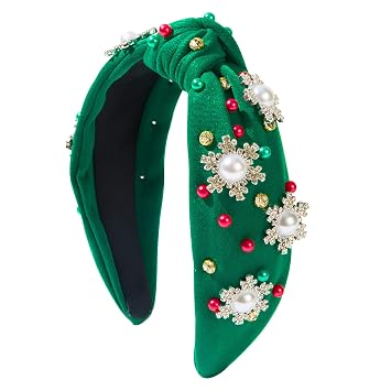 pVq Christmas Headband for Women Green Knotted Headband with Christmas Tree Crystal Pearl Snowflake Ribbon Xmas Holiday Hairband Snowflakes - Green
