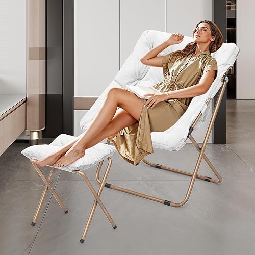 Miniatura 4 de Magshion Silla cuadrada plegable de gran tamaño con platillo de luna para adultos con reposapiés otomano, silla grande y acogedora para dormitorio,