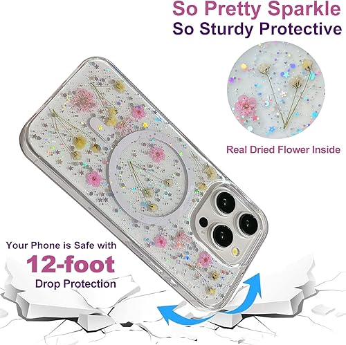 Miniatura 4 de Funda con diseño de flores reales para iPhone 13 Pro Max (compatible con MagSafe), funda magnética transparente con purpurina rosa brillante