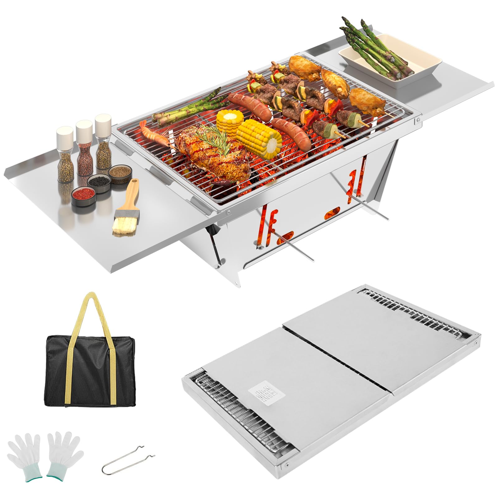 Dripex Klappgrill Holzkohlegrill - Schnell Aufklappbarer Tragbarer Campinggrill aus Edelstahl mit Tragetasche & Zubehör, Hitzebeständig & Formstabil für Camping, Picknick, Wandern, Garten (65x25x14cm)