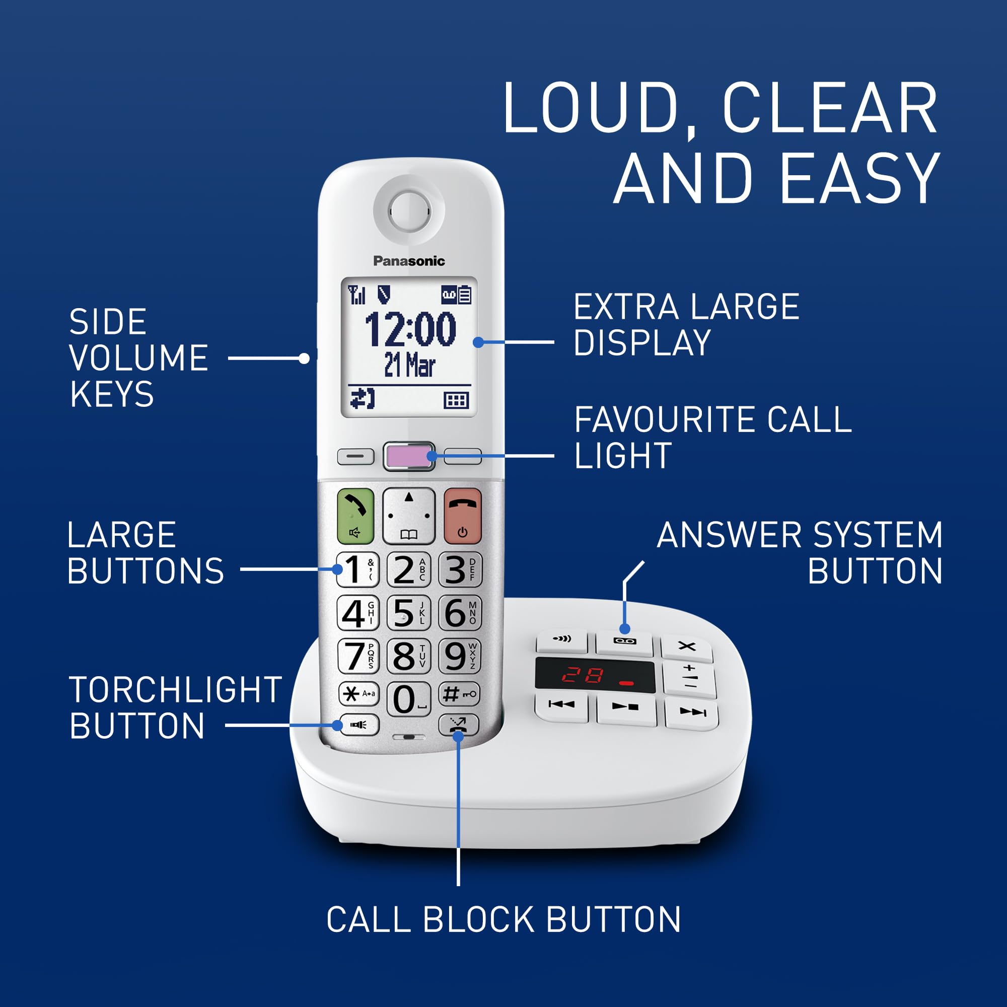 Panasonic KX-TGU430EXW Cyfrowy Telefon Bezprzewodowy z Automatyczną sekretarką, Wzmocnioną głośnością, jednostką podstawową i 1 słuchawkami, wyświetlaczem LCD, latarką, kompatybilną ze słuchawkami