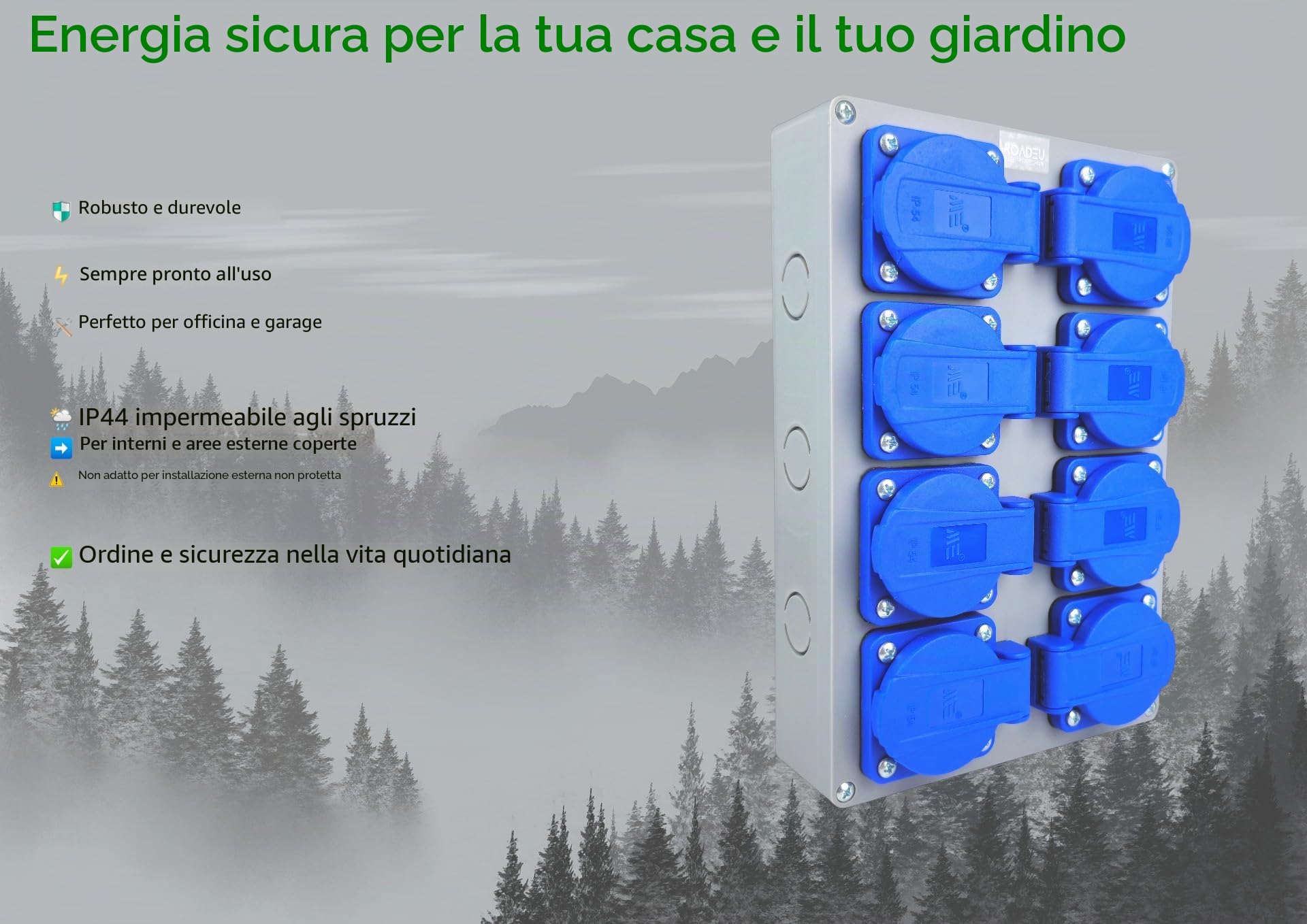 RoadEu Multipresa 8 Prese IP44 Verticale | Schuko 230V/16A | Scatola di Derivazione Pre-cablata | Quadro Elettrico Industriale per Officina Cantiere