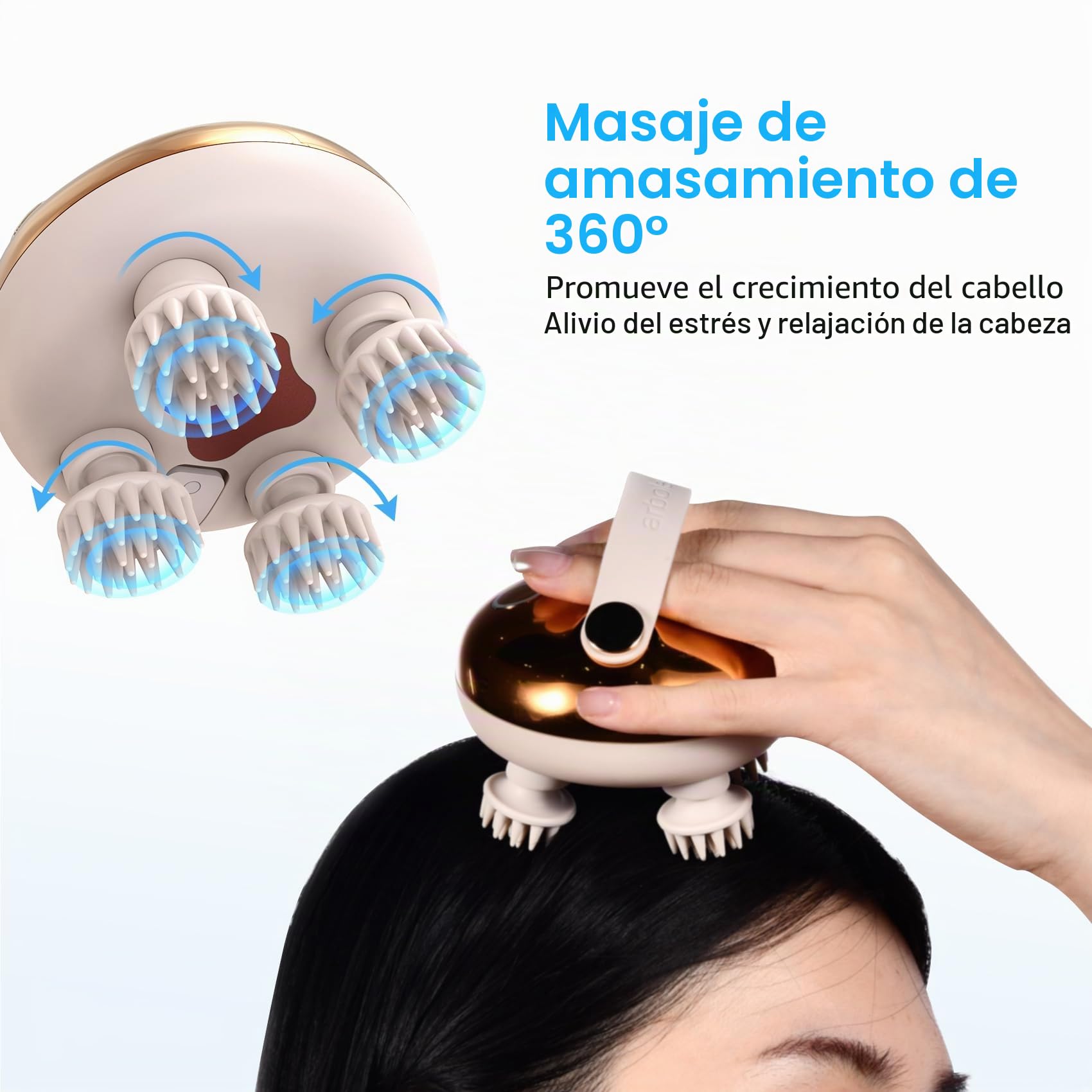 arboleaf Masajeador Cabeza Electrico Masajeador de Cuero Cabelludo y Cuerpo Portátil Recargable Impermeable IPX7 con 8 Cabezales de Masaje de Silicona, 3 Modos